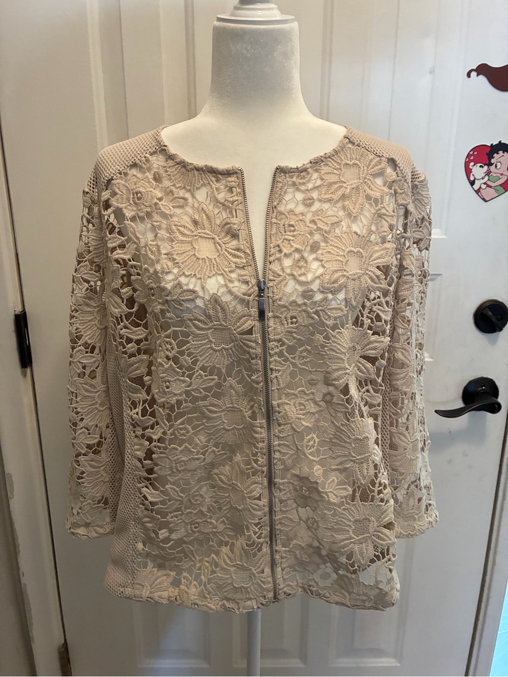 Chico's Cream Crochet Floral Zip Jacket